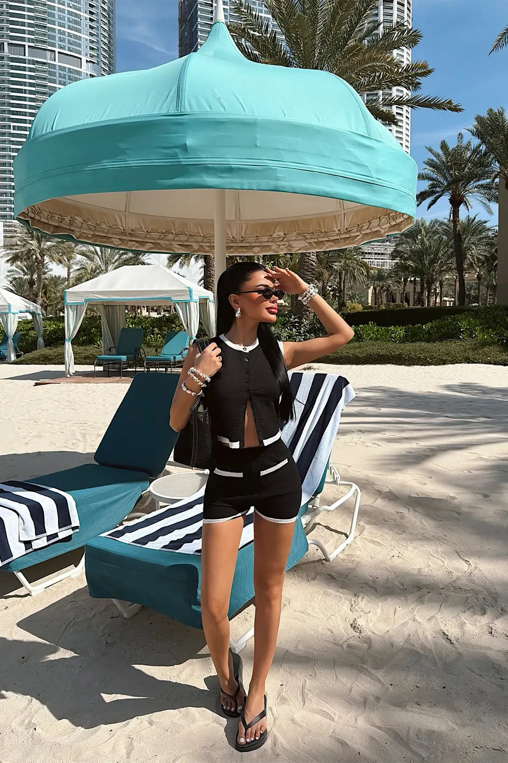 Black Button-Down Vest and Shorts Set